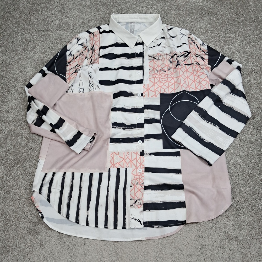 Noracora Womens XL Patchwork Button Up Blouse Mixed Print Striped Top 1388648#